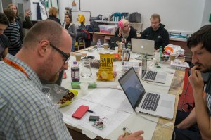 checking out @ShrimpingIt's self-made Arduino during the break